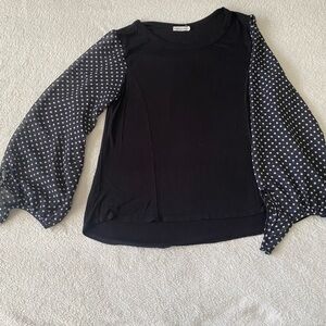 Pebble and Stone black blouse sheer sleeves with polkadots size medium​​​​​